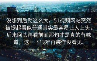 没想到后劲这么大，51视频网站突然被提起看似普通其实最容易让人上头，后来回头再看前面那句才是真的有味道，这一下很难再装作没看见。